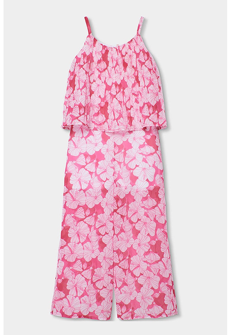 Salopeta maxi cu imprimeu tropical - Alb/Roz aprins