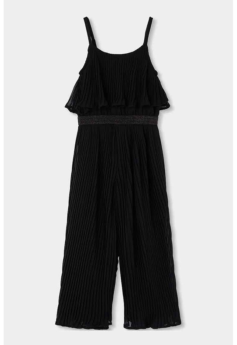 Salopeta maxi cu pliuri si banda stralucitoare in talie - Negru