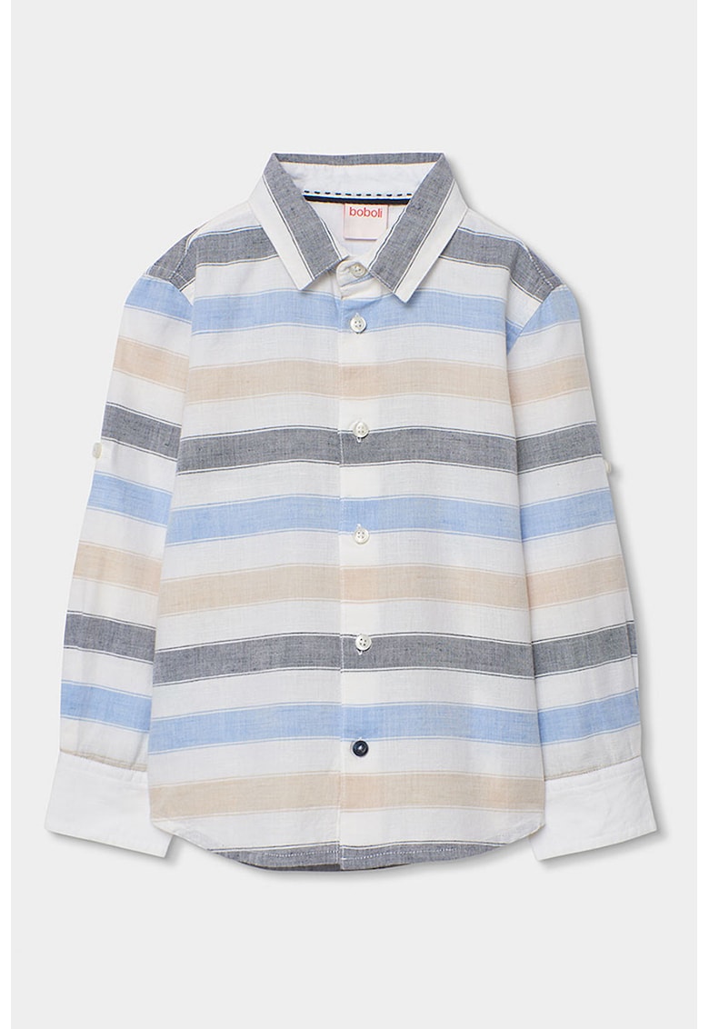 Camasa din amestec de in - Alb/Maro nisip/Albastru