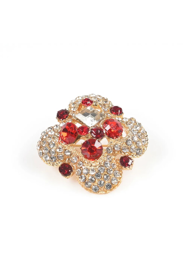 Brosa martisor floare aurie cu pietre rosii