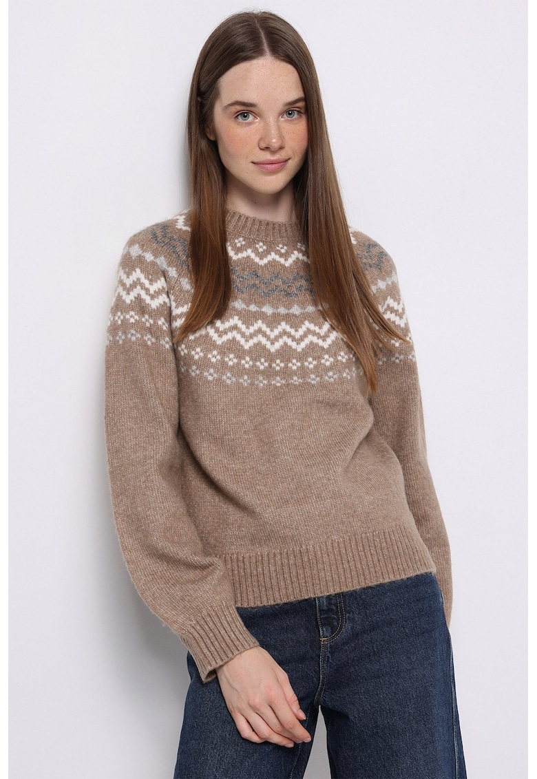 Pulover cu model etnic si maneci raglan - Maro deschis -