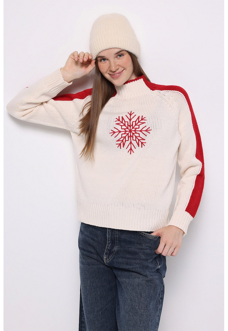 Pulover cu guler inalt si maneci raglan - Rosu - Roz pastel -
