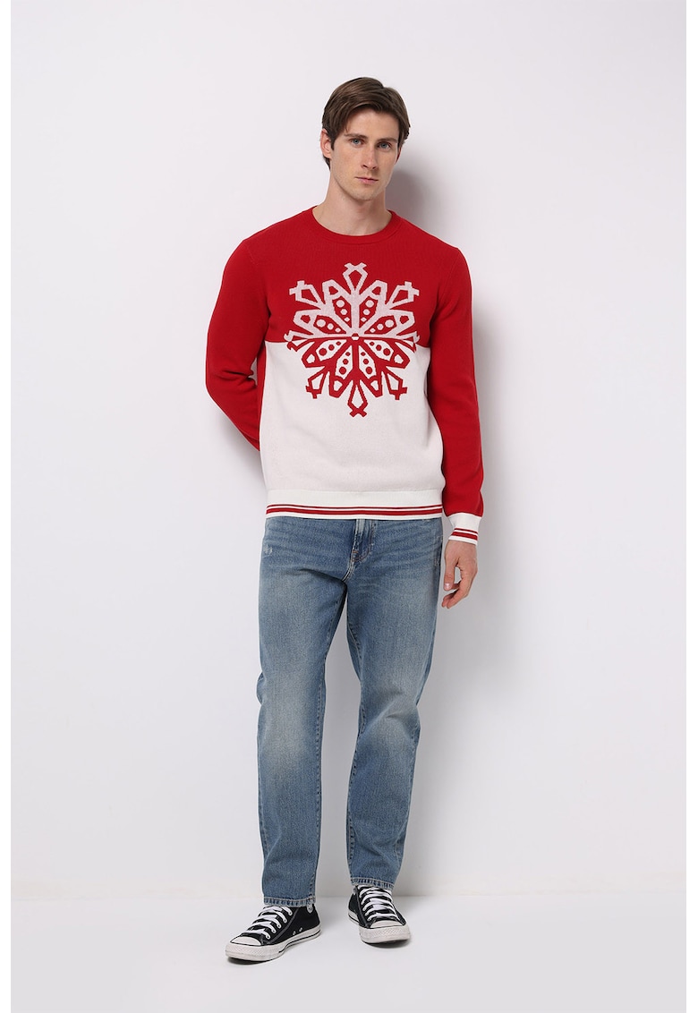 Pulover de bumbac cu model colorblock - Rosu - Alb -