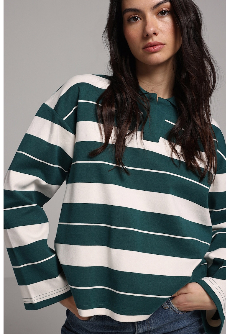 Bluza polo de bumbac cu dungi - Alb/Verde