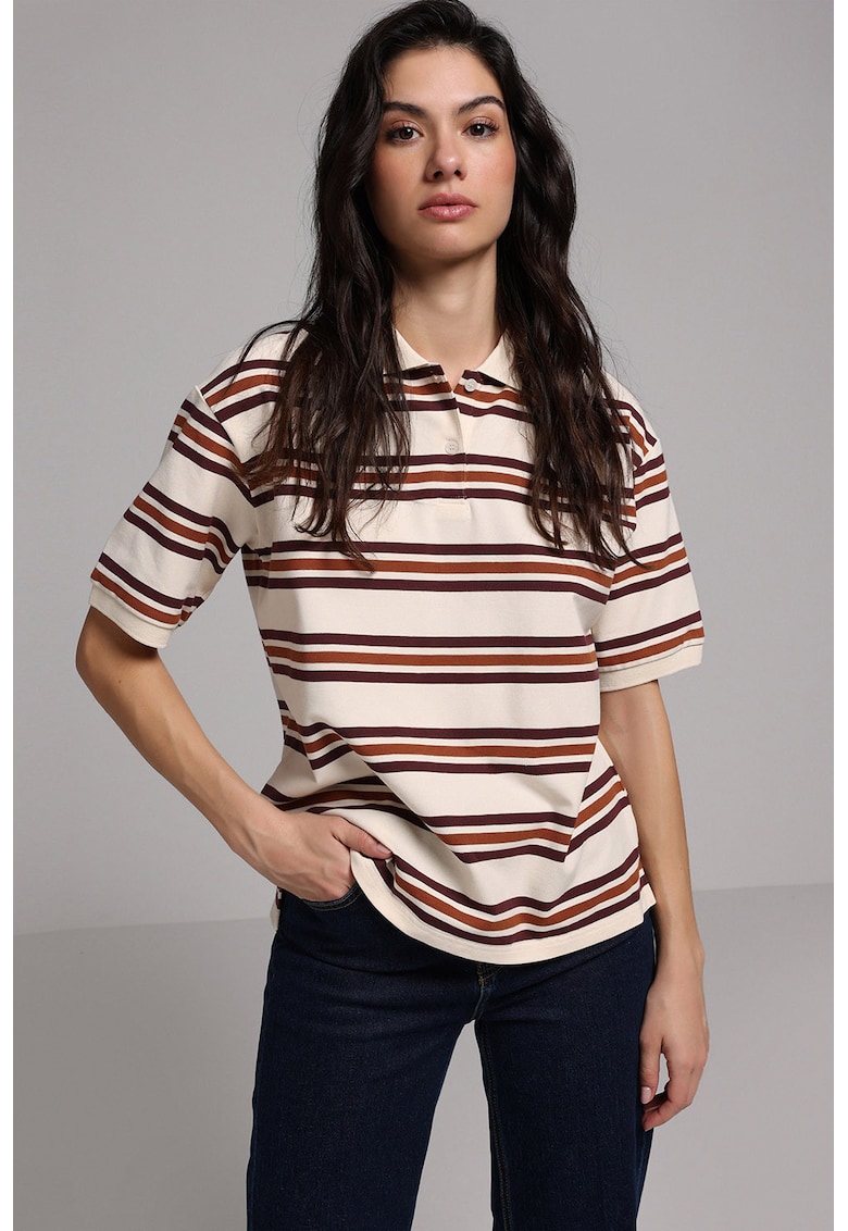 Tricou polo lejer cu dungi - Violet/Portocaliu stins/Crem