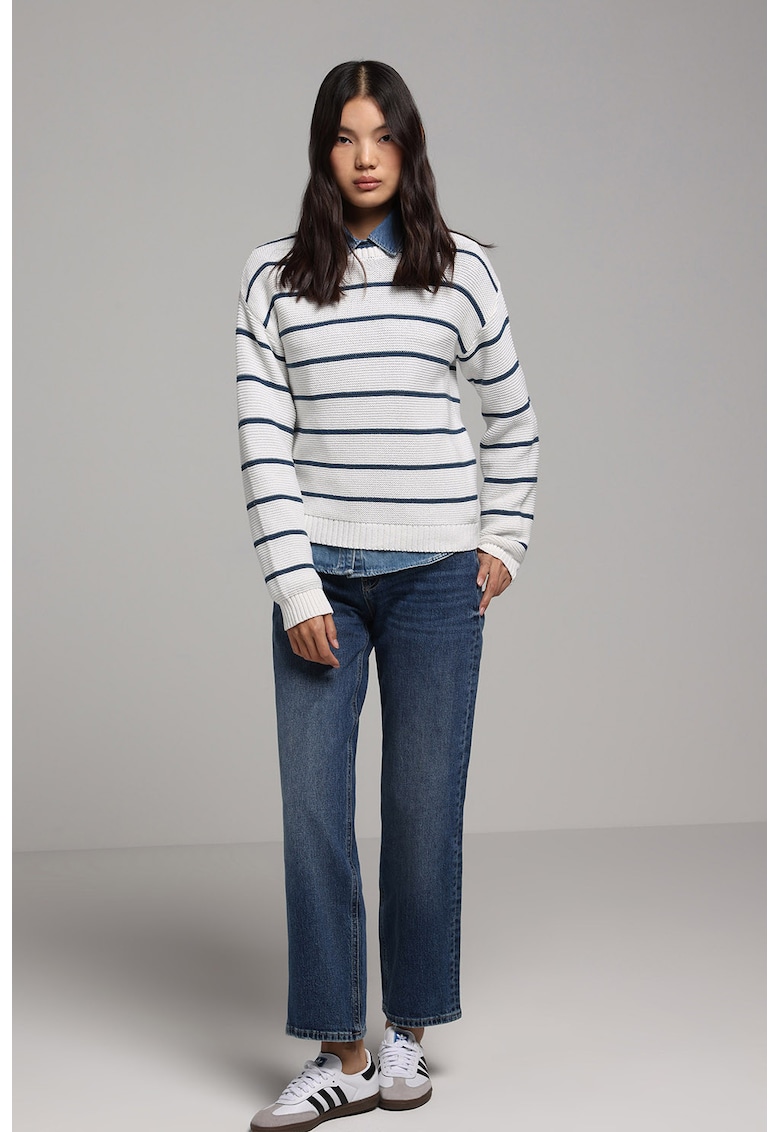 Pulover tricotat cu dungi - Alb/Albastru petrol