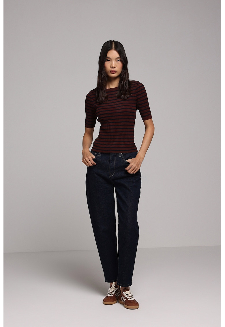 Tricou cu dungi si decolteu la baza gatului - Maro cognac/Bleumarin