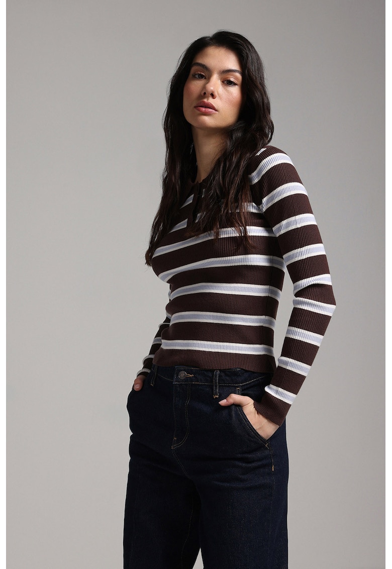 Pulover polo cu dungi - Maro inchis/Albastru deschis