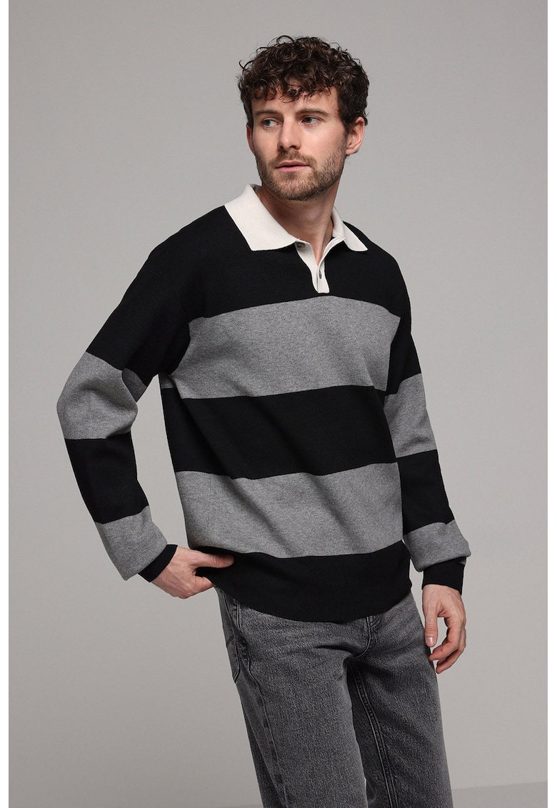 Bluza polo cu dungi - Negru/Gri melange