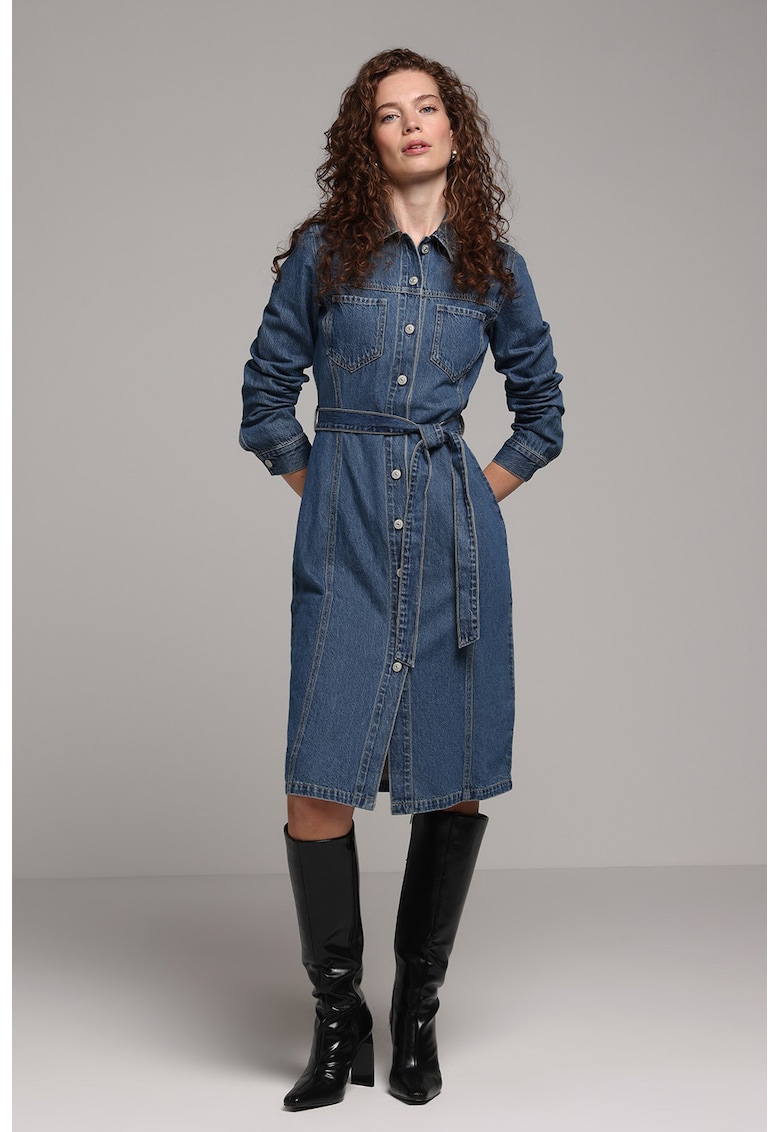 Rochie-camasa din denim cu cordon - Albastru