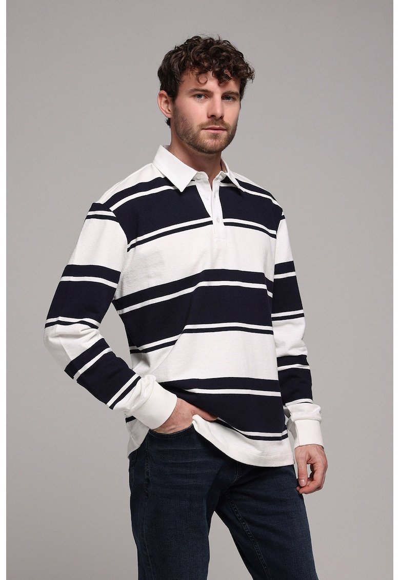 Bluza polo cu dungi - Alb/Bleumarin