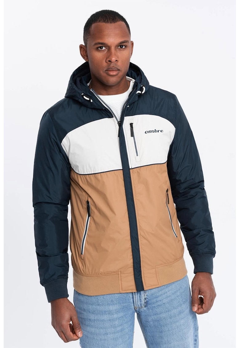 Jacheta cu gluga si fermoar - Alb/Maro taupe/Bleumarin