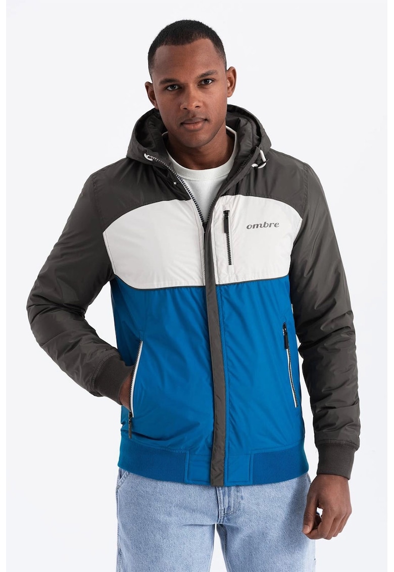 Jacheta cu gluga si fermoar - Alb/Albastru royal/Gri inchis