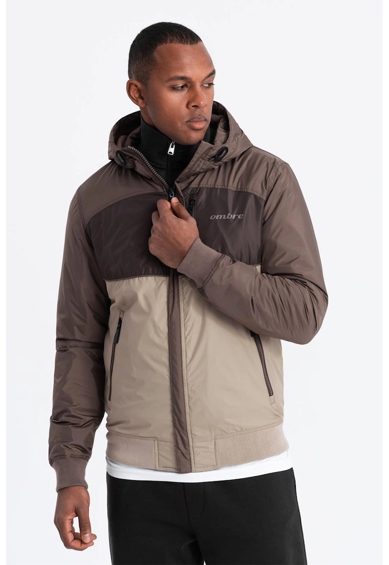 Jacheta cu gluga si fermoar - Bej/Maro pamantiu