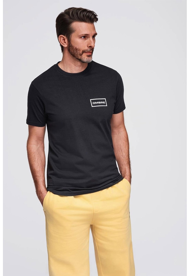 Tricou cu decolteu la baza gatului si detaliu cu logo pe piept - Negru