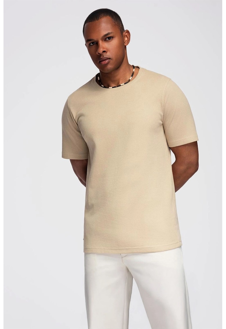 Tricou din bumbac cu decolteu la baza gatului - Maro nisip