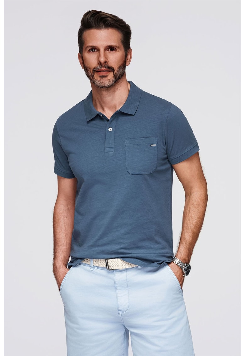 Tricou cu model uni si buzunar pe piept - Albastru prafuit