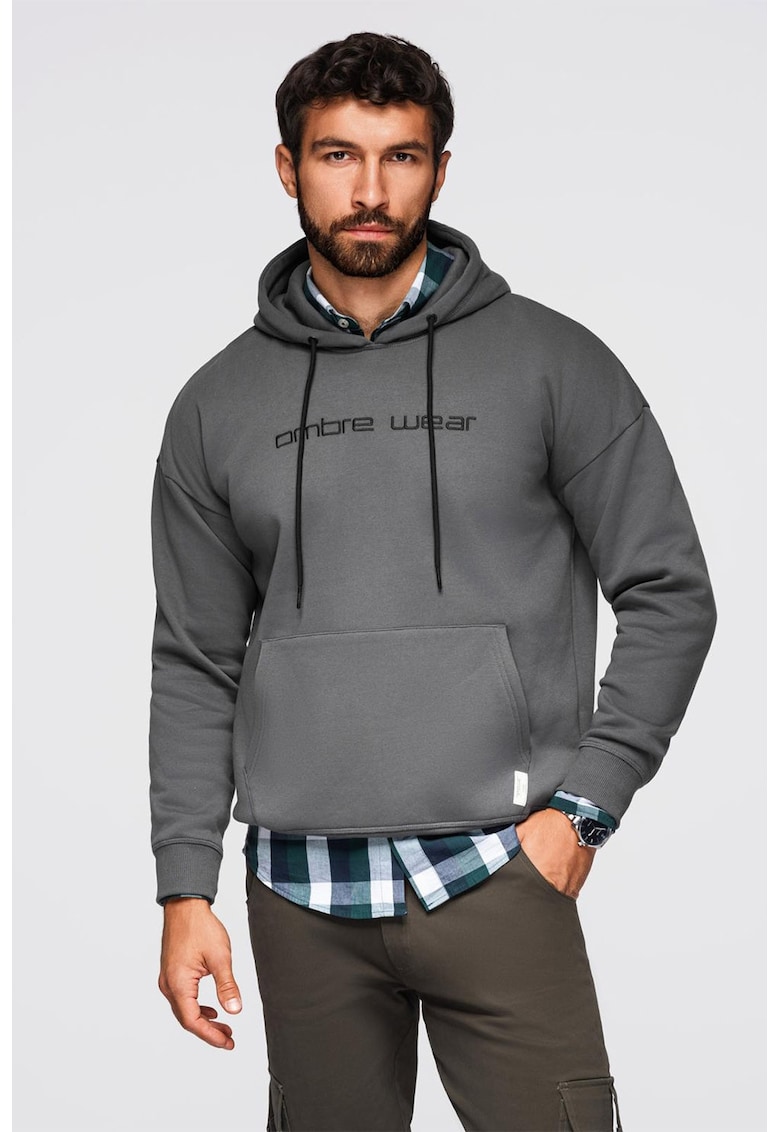 Hanorac cu imprimeu si buzunar kangaroo - Gri inchis