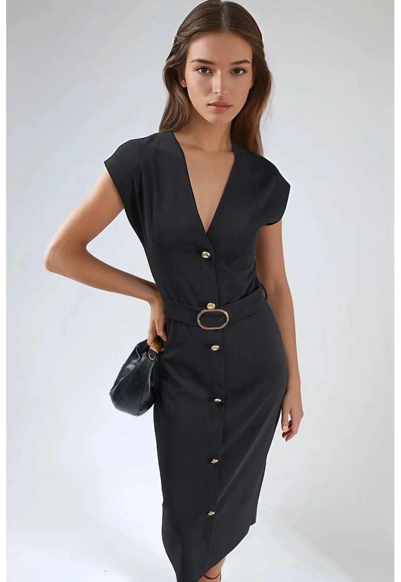 Rochie Midi decolteu in V - neagra - textil