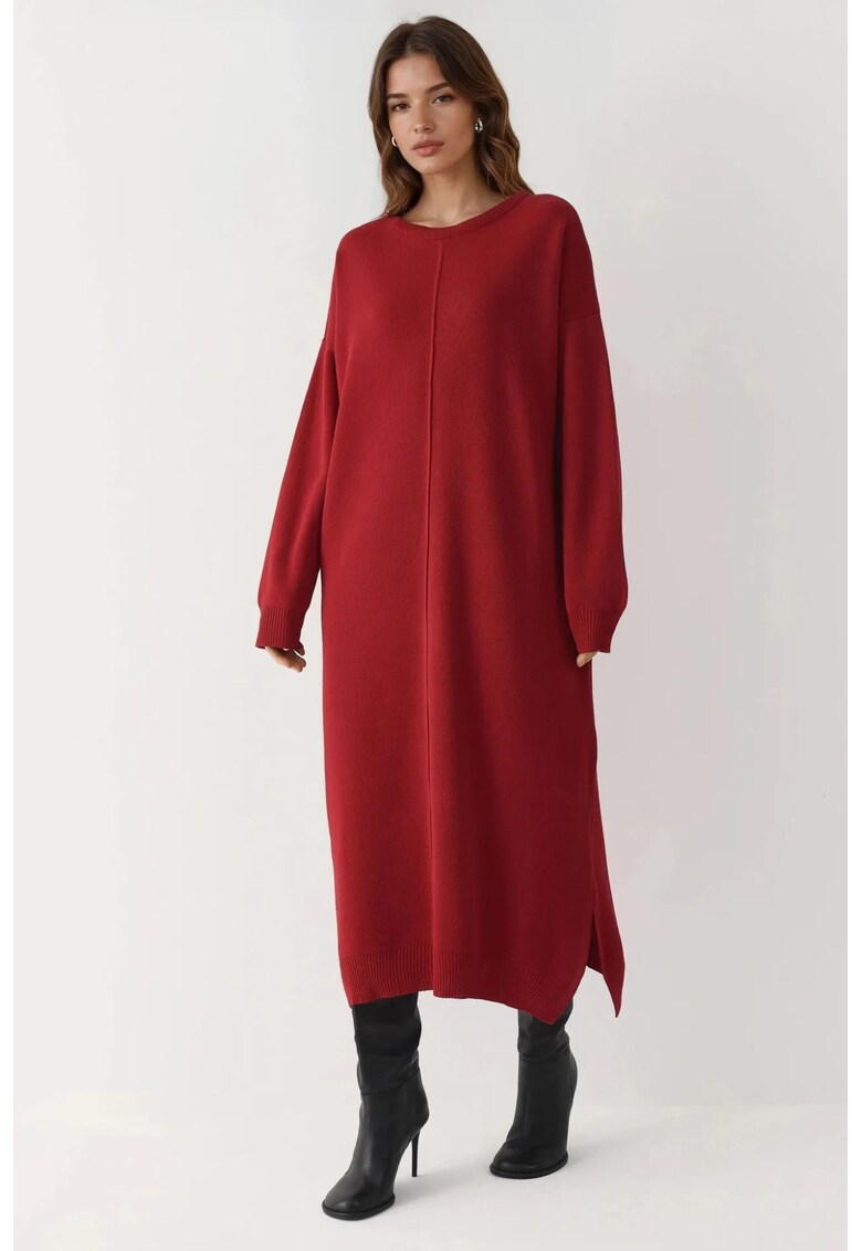 Rochie tricotata - lunga - cu nervuri texturate - rosu - tricot -