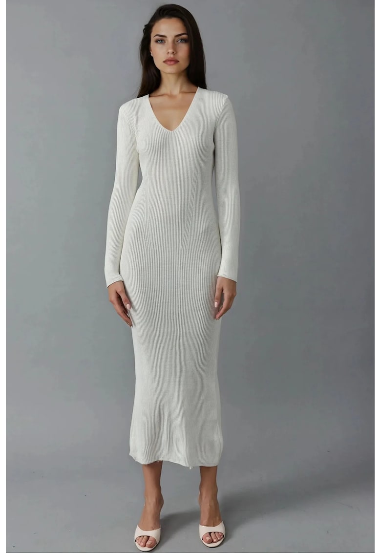 Rochie maxi - tricotata - decolteu in V - alb praf - tricot -