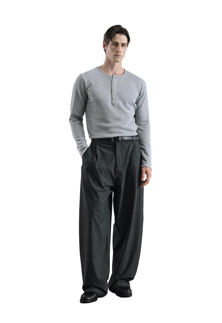 Pantaloni palazzo barbati cu dungi si pliuri - negru - viscoza/poliester/elastan