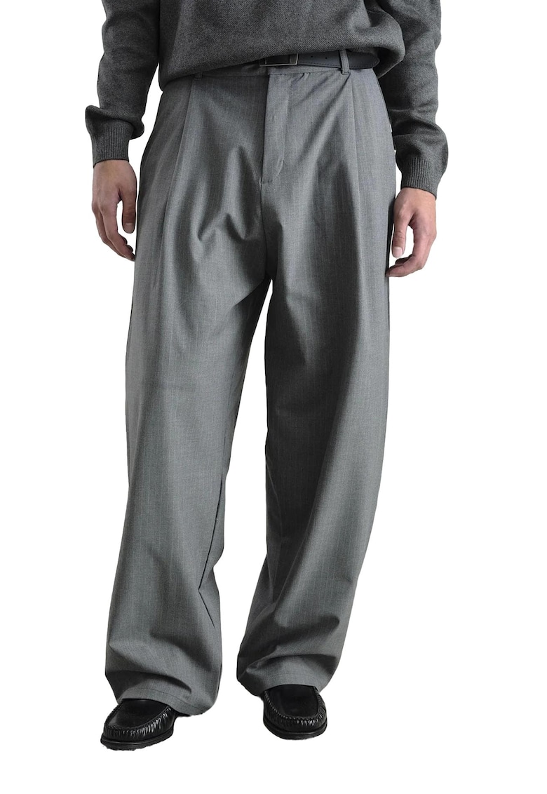 Pantaloni barbati - talie inalta - plisati - gri antracit - viscoza/poliester/elastan