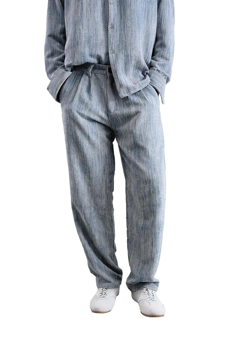 Pantaloni barbati - texturati cu pliuri - croiala dreapta - albastru - poliester