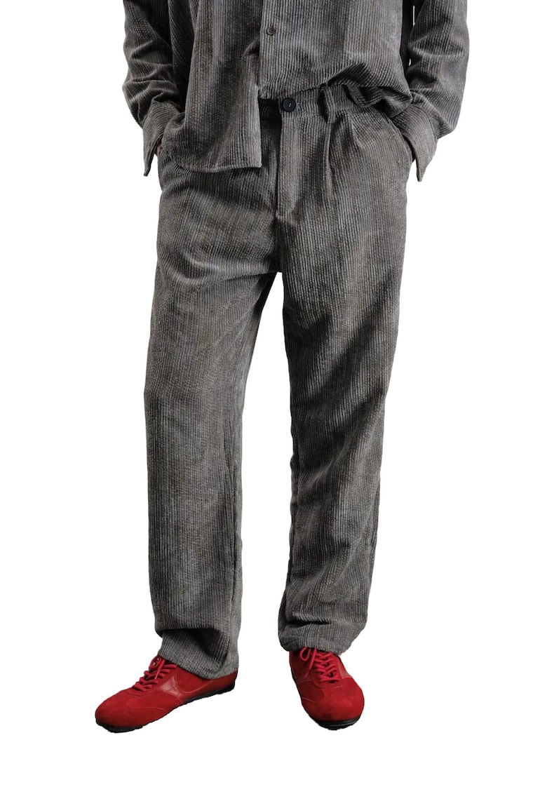 Pantaloni barbati - cu pliuri - croiala dreapta - gri carbune - poliester