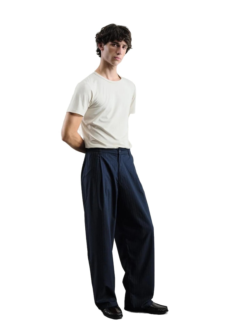 Pantaloni barbati - plisati - cu dungi - viscoza/poliester/elastan - bleumarin