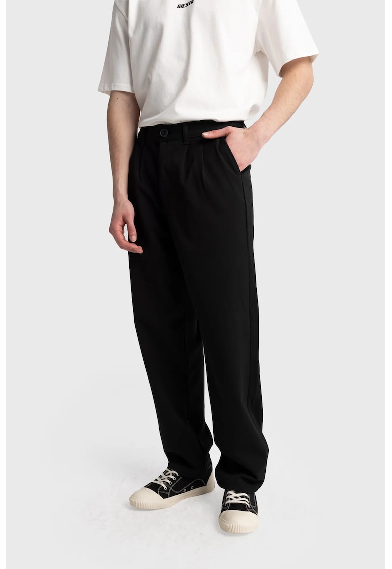 Pantaloni barbati - cu pliuri - negru - poliester - Negru