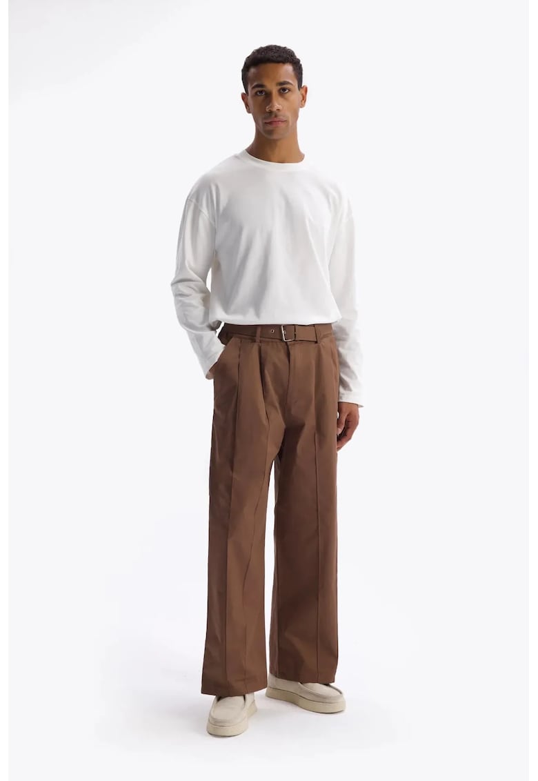 Pantaloni barbati - talie inalta - cu curea - maro cafeniu - poliester