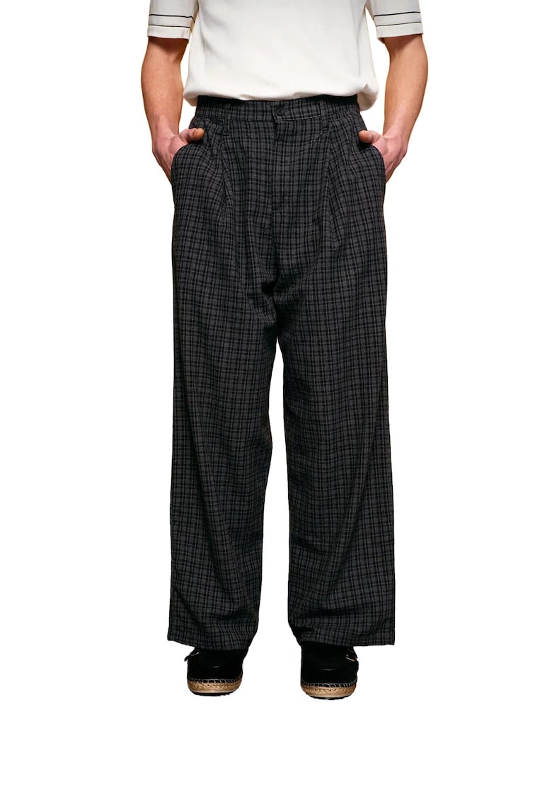Pantaloni barbati - plisati - bumbac/poliester - cu carouri - negru