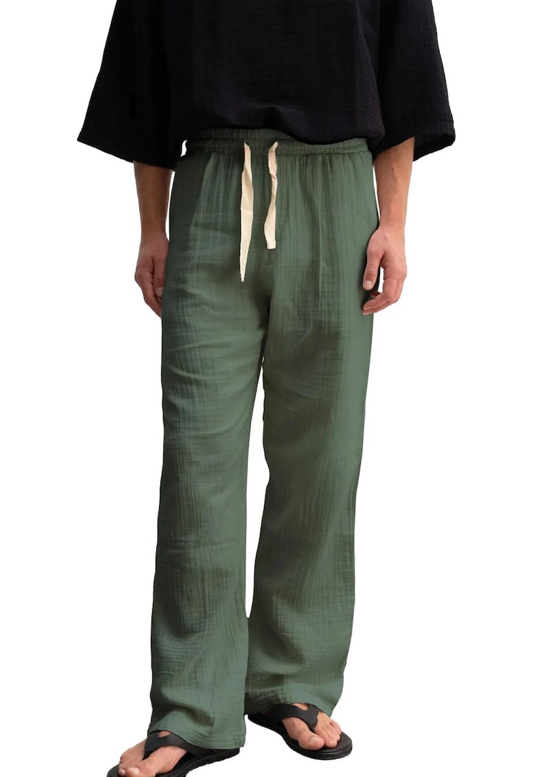 Pantaloni barbati - croiala dreapta - talie cu snur - verde - bumbac