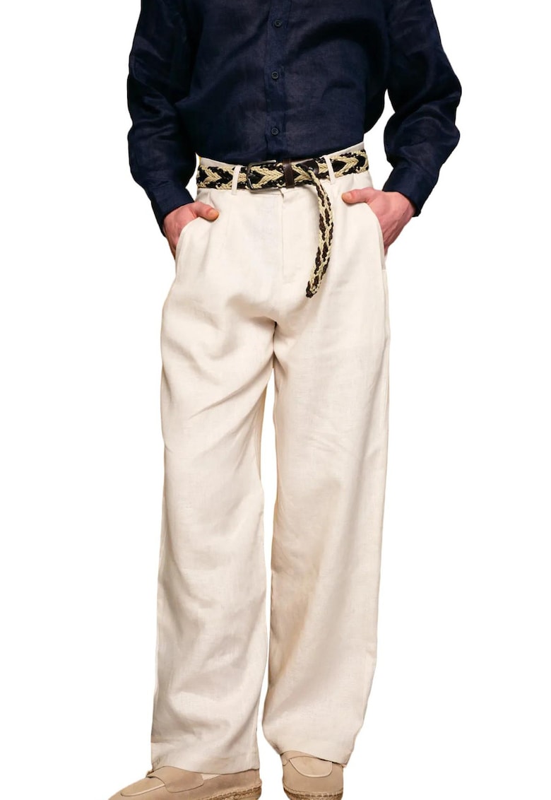 Pantaloni barbati - cu pliuri - croiala relaxata - bej - in