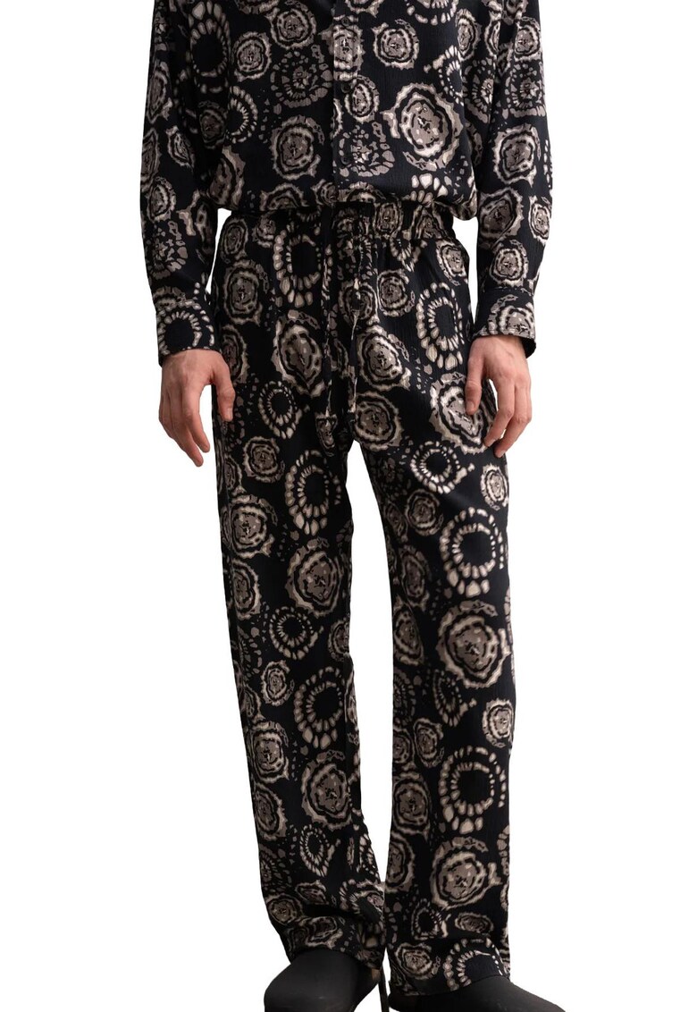 Pantaloni barbati - Picior Larg - Negru/Bej - Poliester