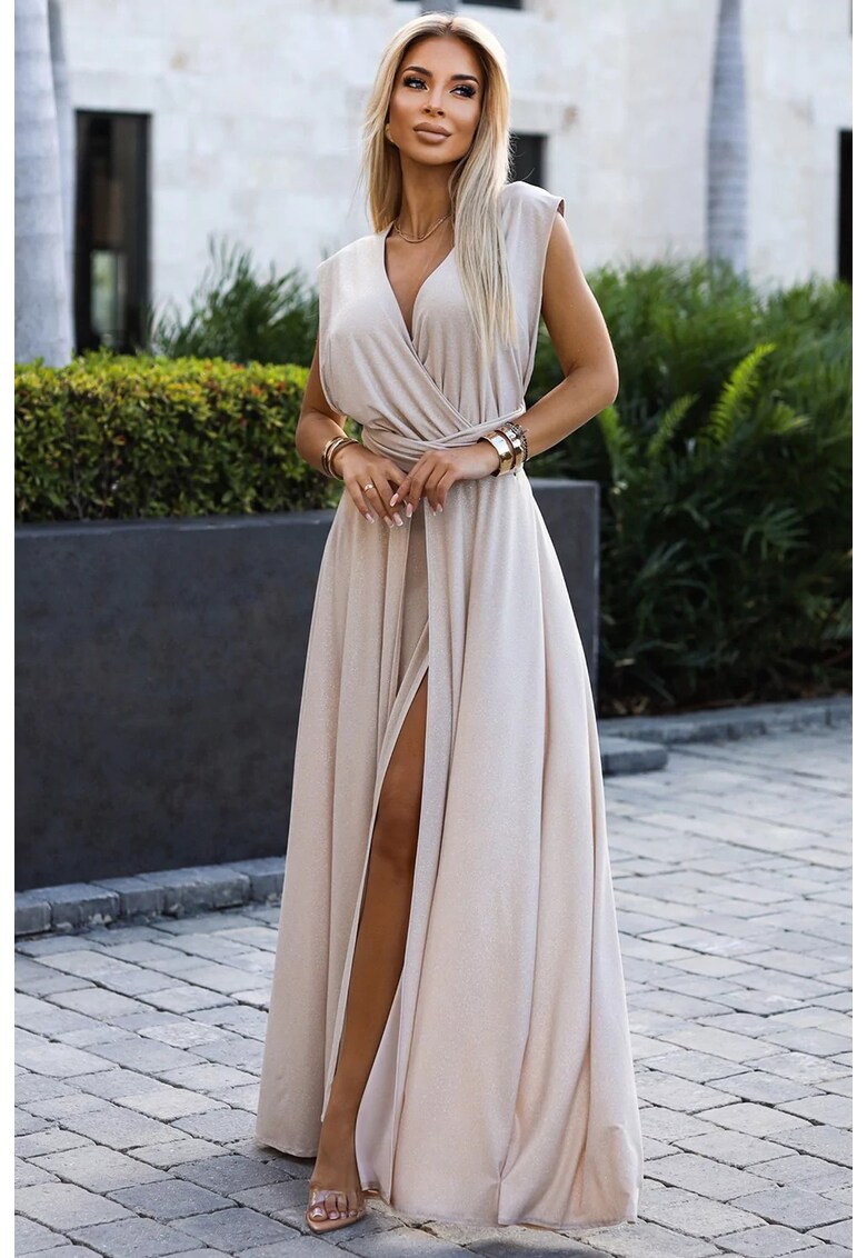 Rochie cu sclipici si decolteu petrecut - Bej