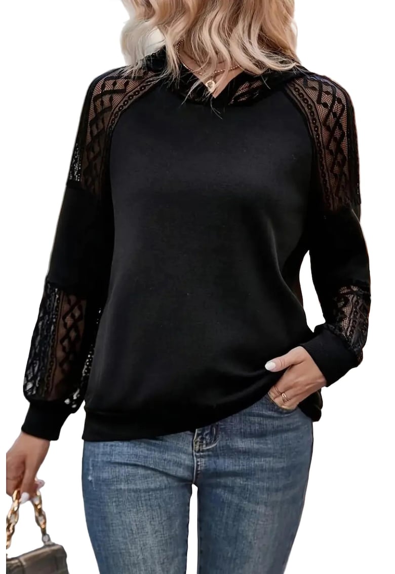 Bluza dama - cu maneca lunga - gluga - negru - jerseu