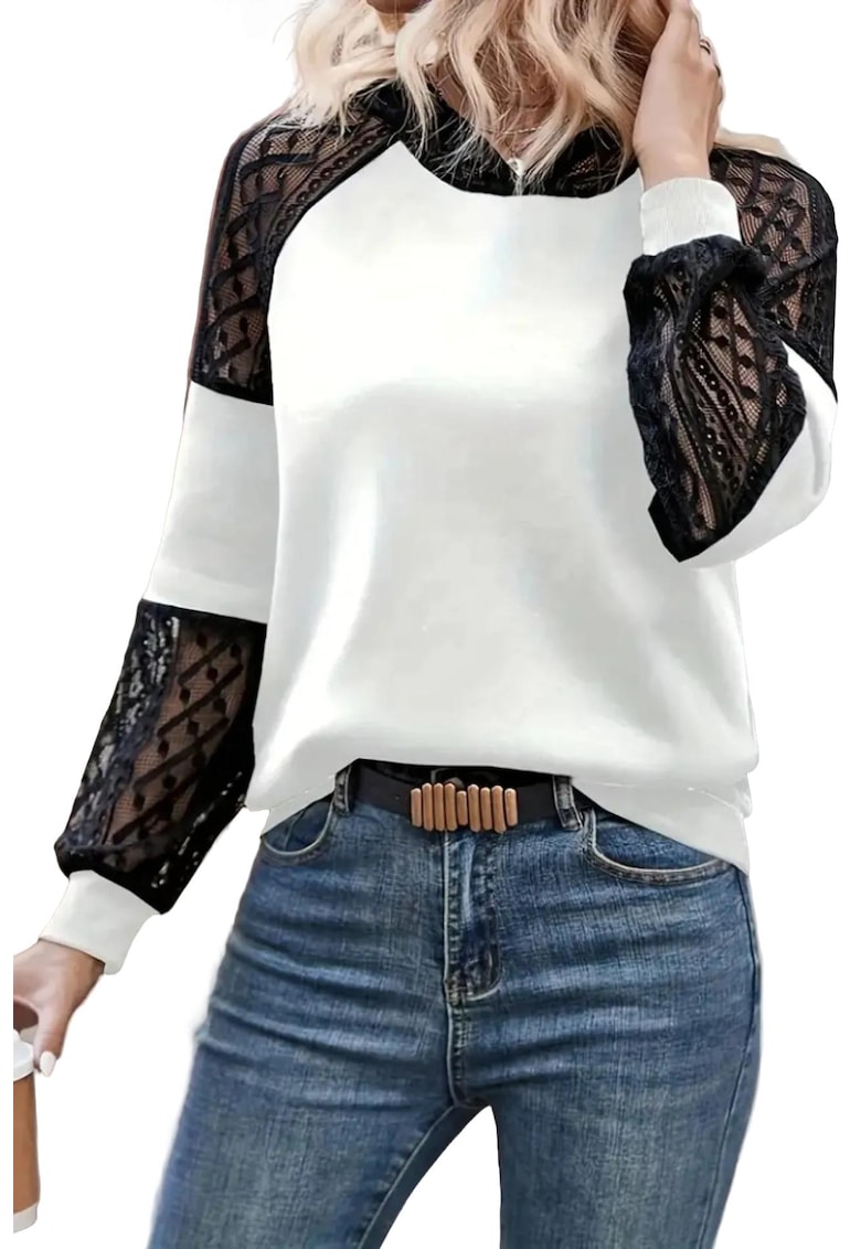 Bluza dama - cu maneca lunga - gluga - alb/negru - jerseu