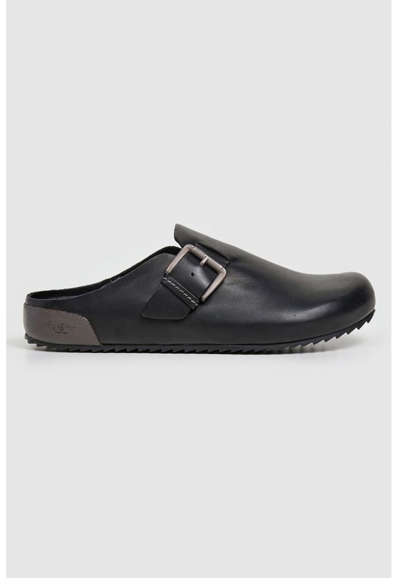 Saboti de piele cu catarame decorative - Negru