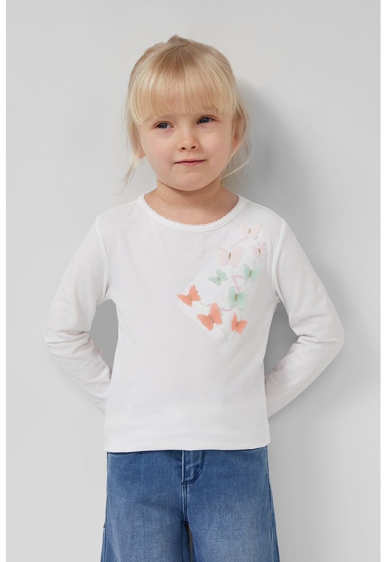 Bluza cu decolteu rotund si aplicatii cu fluture - Verde/Alb murdar/Roz