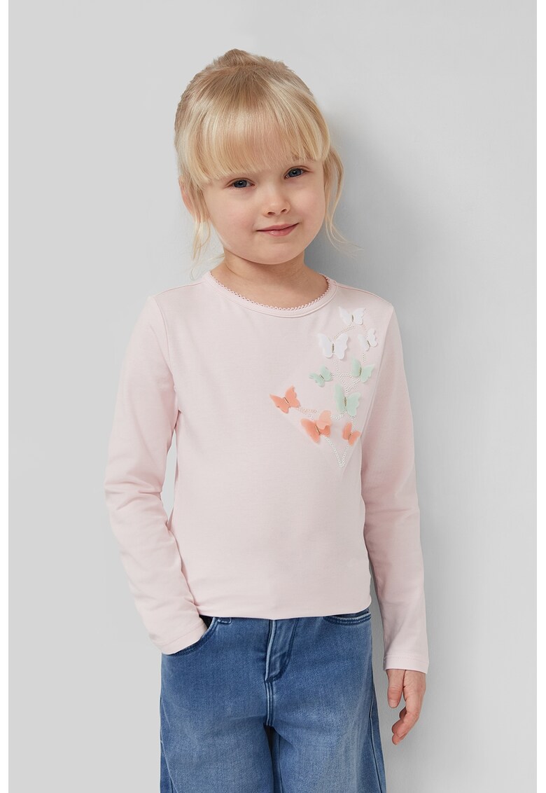 Bluza cu decolteu rotund si aplicatii cu fluture - Alb/Verde/Roz