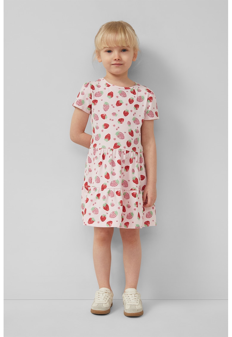 Rochie stratificata cu maneci scurte si model - Rosu/Roz