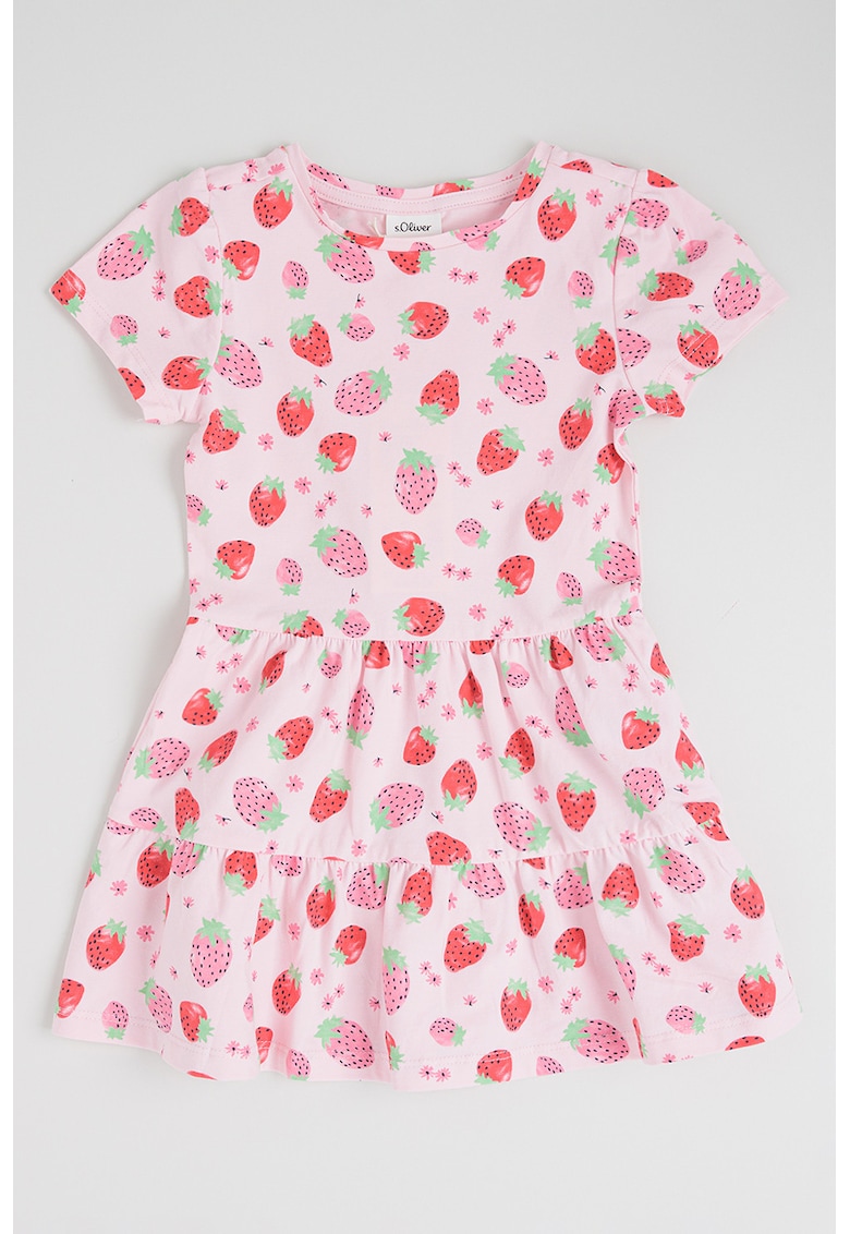 Rochie stratificata cu maneci scurte si model - Rosu/Roz