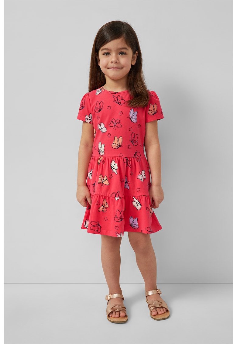 Rochie stratificata cu maneci scurte si model - Portocaliu/Roz