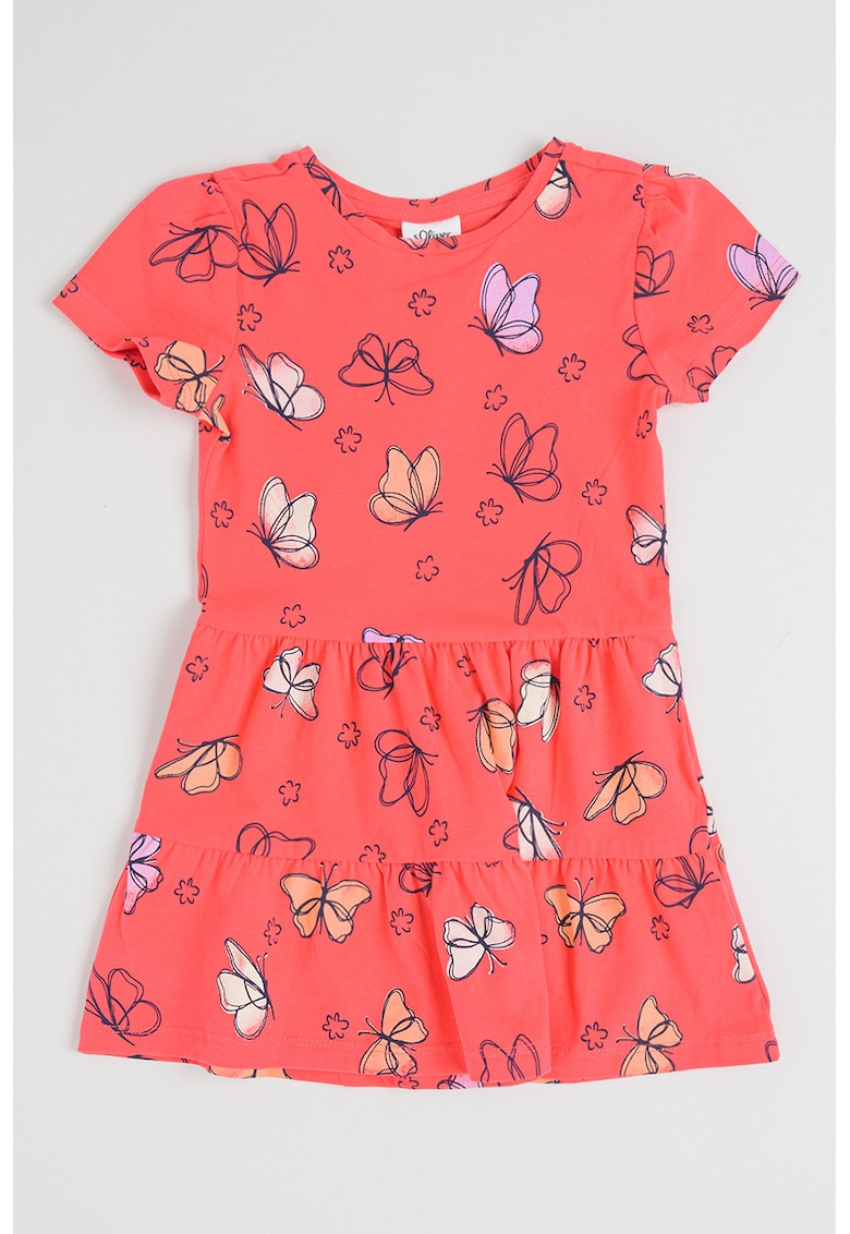 Rochie stratificata cu maneci scurte si model - Portocaliu/Roz