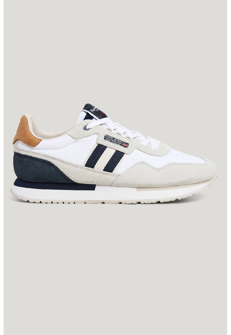 Pantofi sport de piele si piele intoarsa cu insertii de material textil - Alb/Albastru ultramarin/Alb murdar - Pepe Jeans London - imagine 1