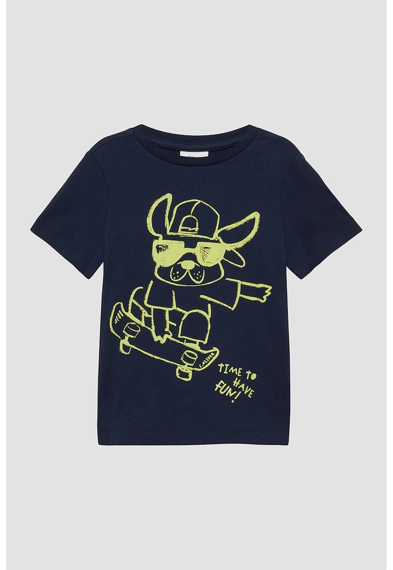 Tricou cu decolteu la baza gatului si imprimeu grafic - Verde lime/Bleumarin
