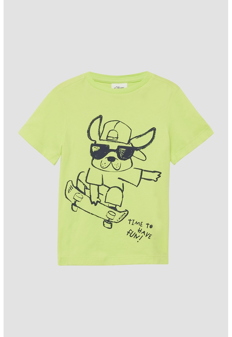 Tricou cu decolteu la baza gatului si imprimeu grafic - Negru/Verde lime