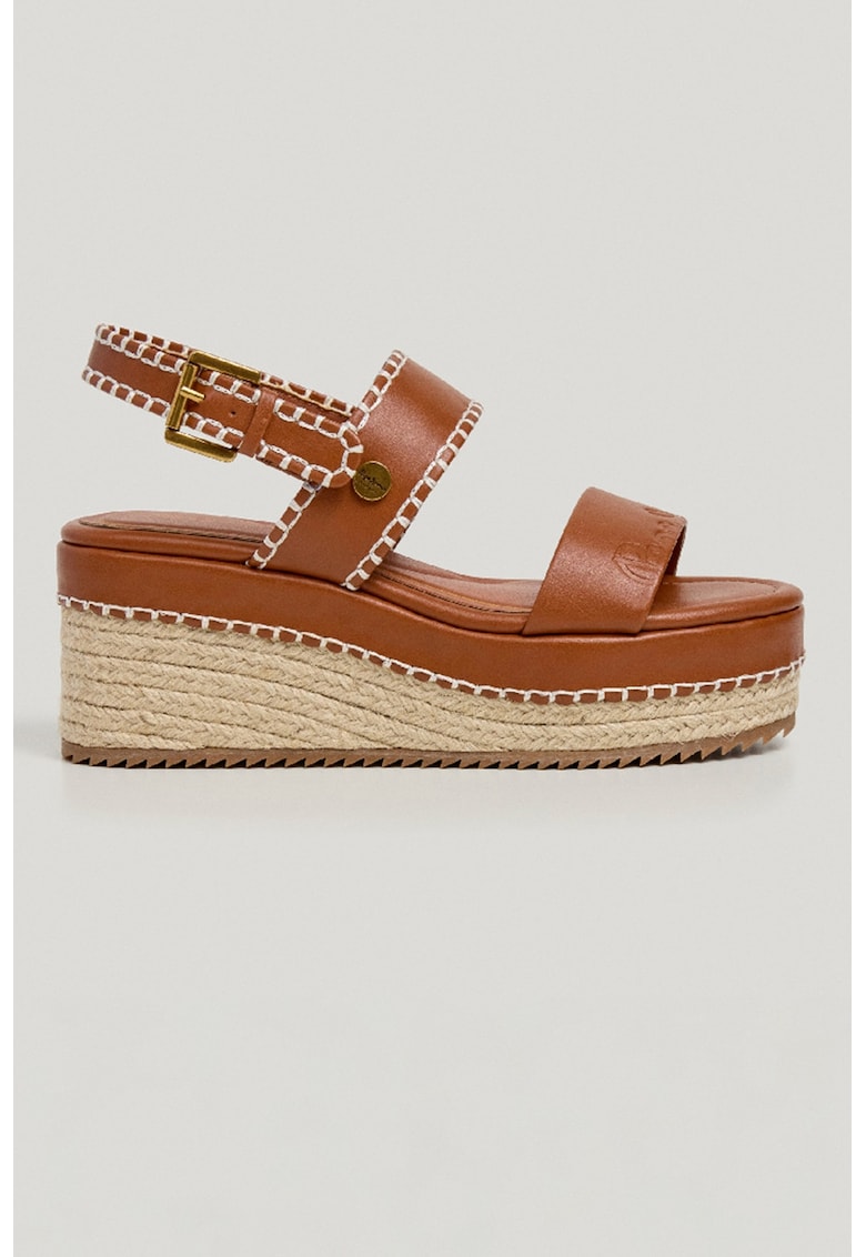 Sandale wedge de piele ecologica cu aplicatie de iuta - Alb/Auriu/Maro scortisoara